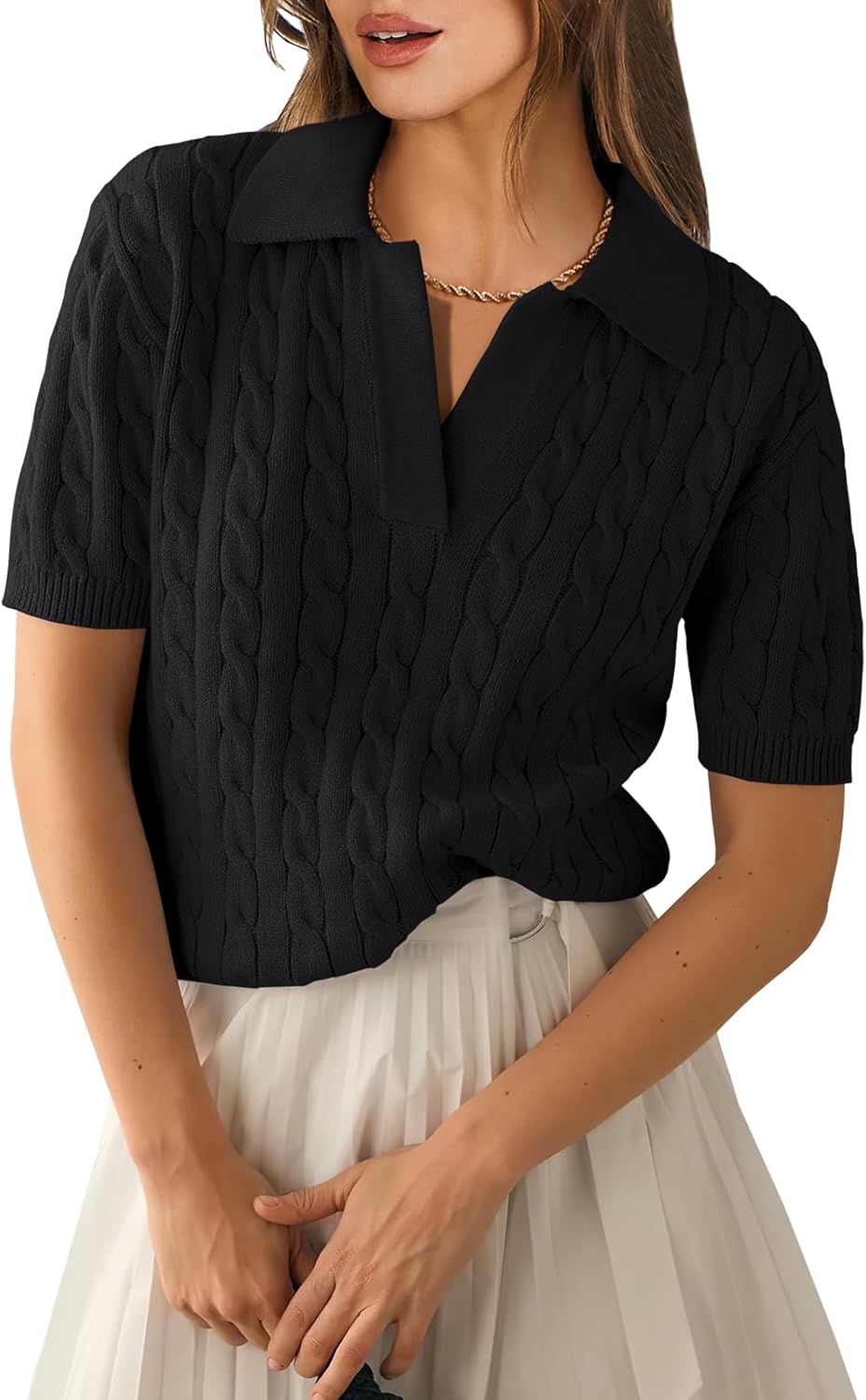 ANRABESS Women's Short Sleeve Sweaters Tops Polo V Neck Cable Knit Casual Soft Pullover Shirts 2025 Summer Outfits