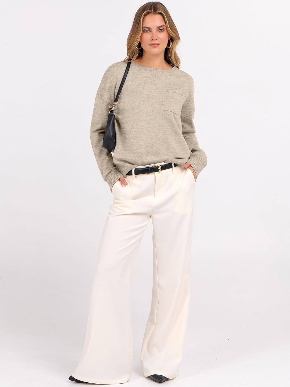 ANRABESS Oversized Sweaters for Women Casual Crewneck Knit Lightweight Chest Pocket Pullover Top 2025 Fall Travel Outfits