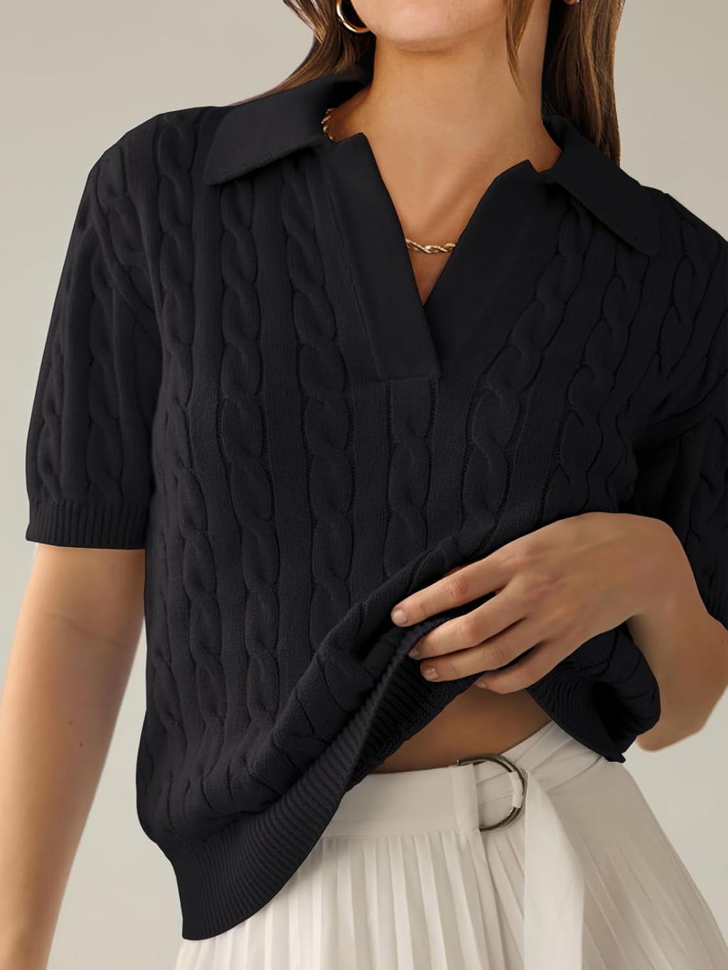 ANRABESS Women's Short Sleeve Sweaters Tops Polo V Neck Cable Knit Casual Soft Pullover Shirts 2025 Summer Outfits