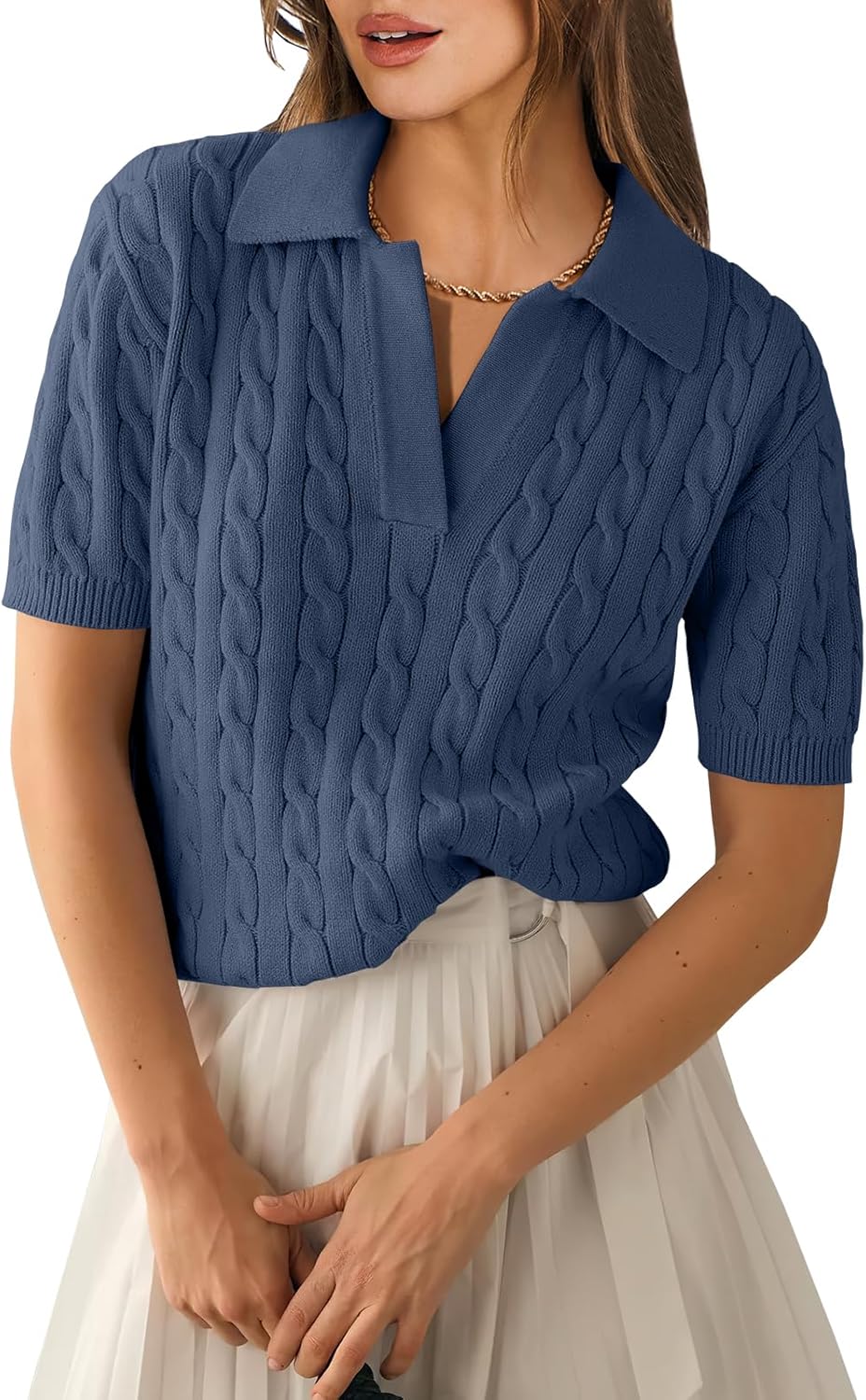 ANRABESS Women's Short Sleeve Sweaters Tops Polo V Neck Cable Knit Casual Soft Pullover Shirts 2025 Summer Outfits