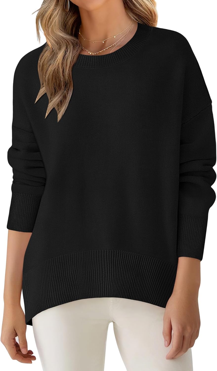 ANRABESS Sweaters for Women 2025 Fall Long Sleeve Casual Loose Fit Knitted High Low Hem Basic Pullover Sweater Tops