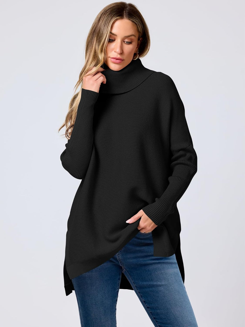 ANRABESS Women's Oversized Turtleneck Batwing Sleeve Spilt Casual Loose Knit Tunic Pullover Sweater Tops 2025 Fall Outfits