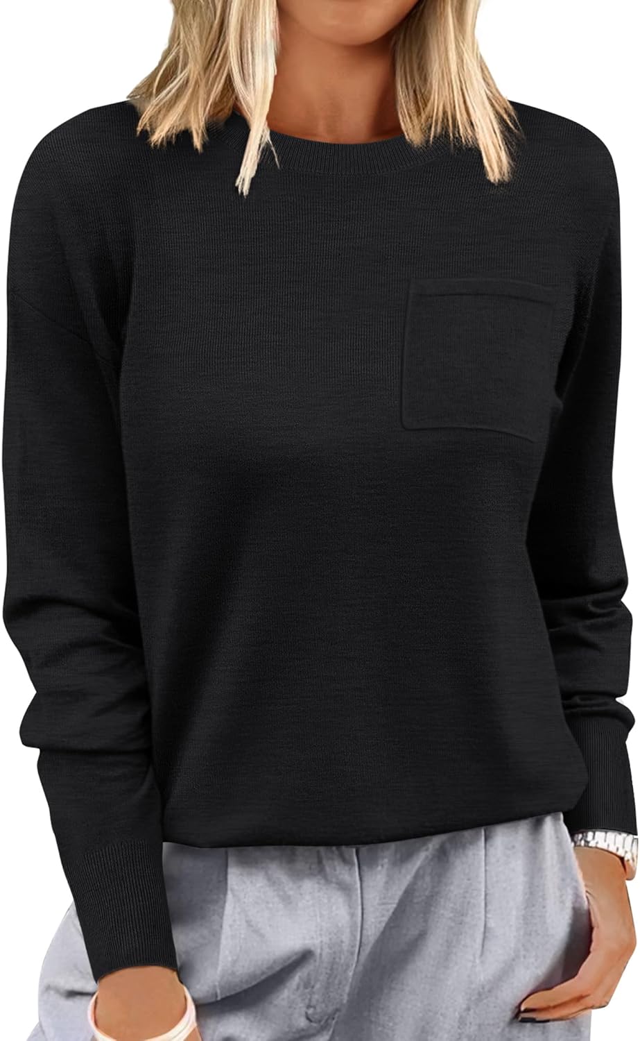 ANRABESS Oversized Sweaters for Women Casual Crewneck Knit Lightweight Chest Pocket Pullover Top 2025 Fall Travel Outfits
