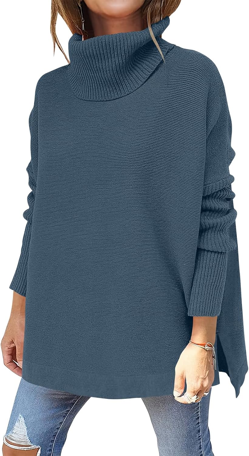 ANRABESS Women's Oversized Turtleneck Batwing Sleeve Spilt Casual Loose Knit Tunic Pullover Sweater Tops 2025 Fall Outfits