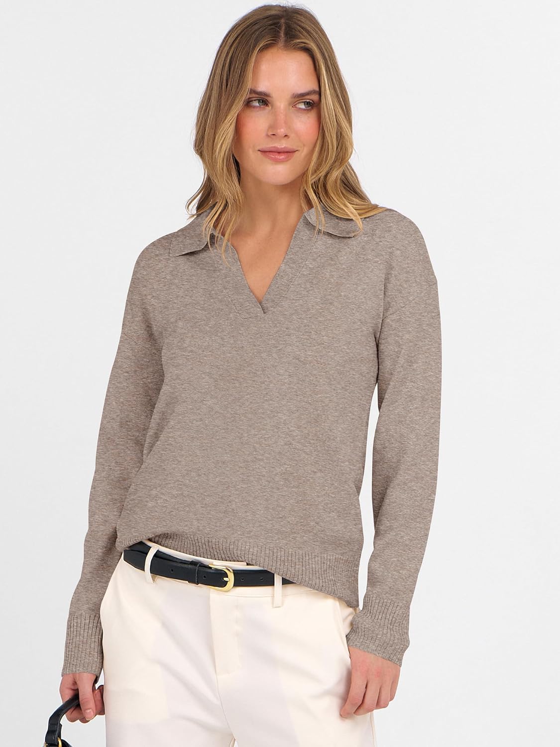 ANRABESS Womens Polo V Neck Long Sleeve Sweaters Lightweight Dressy Casual Business Basic Knit Pullover Top 2025 Fall Outfits