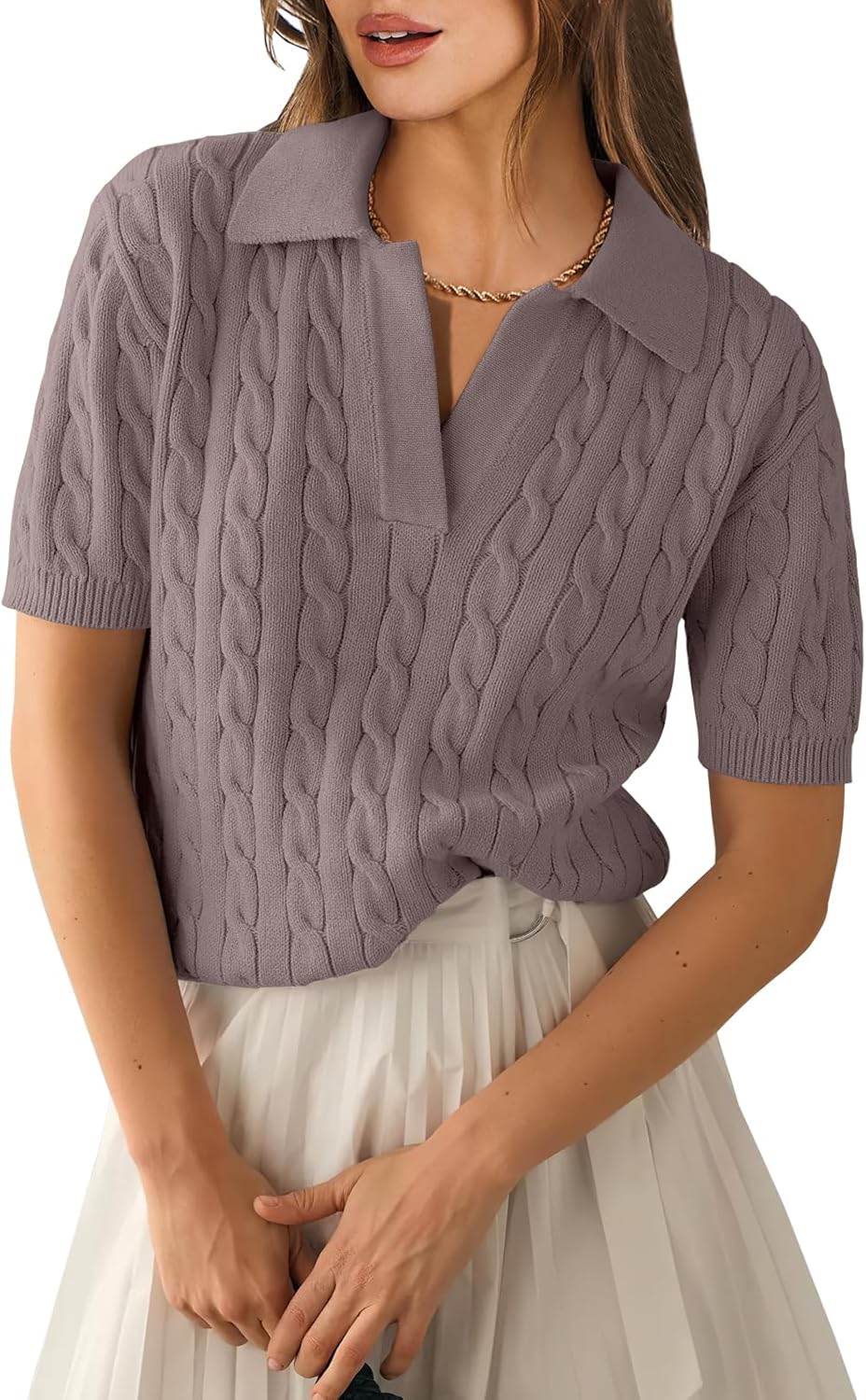 ANRABESS Women's Short Sleeve Sweaters Tops Polo V Neck Cable Knit Casual Soft Pullover Shirts 2025 Summer Outfits