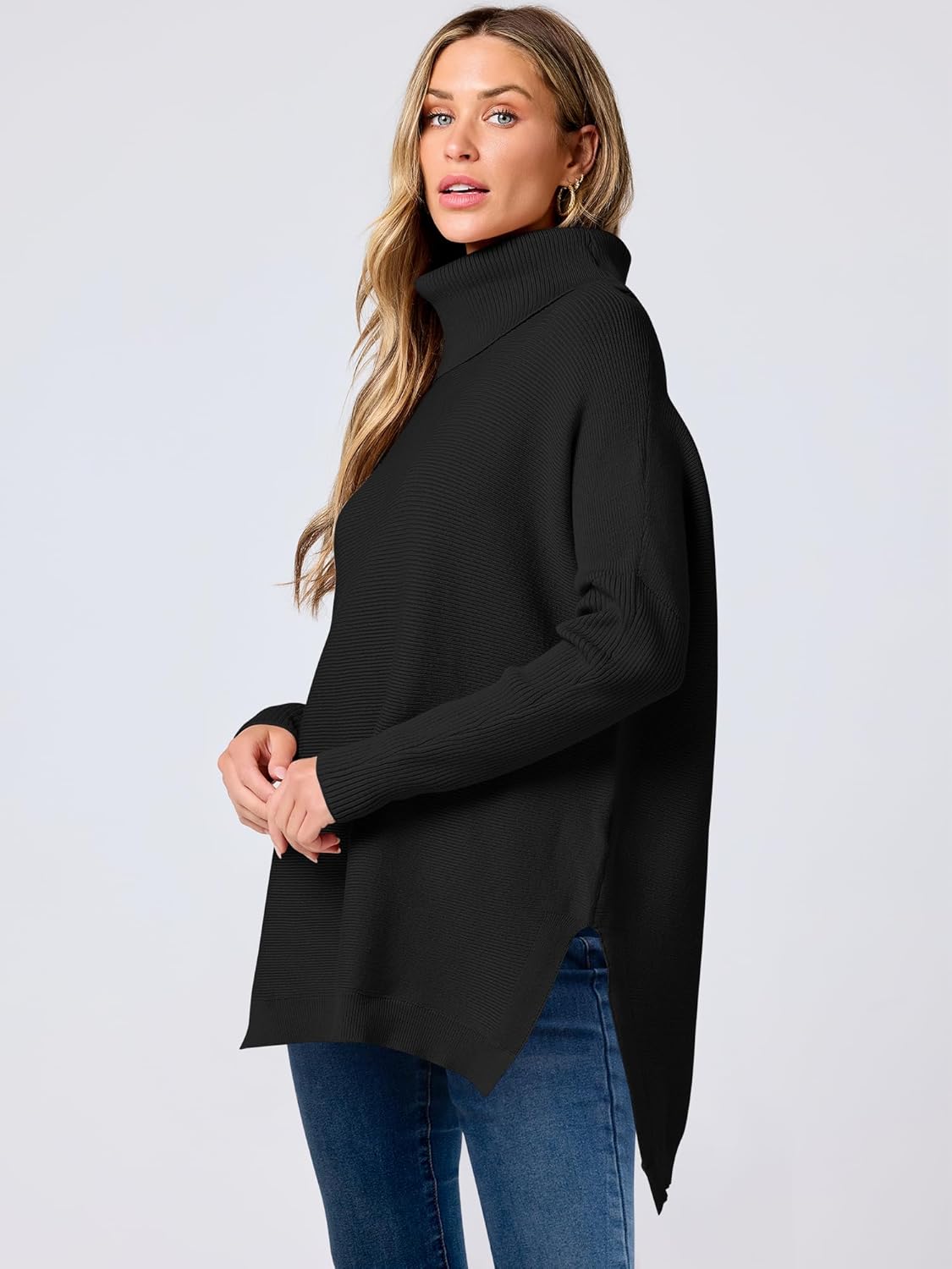 ANRABESS Women's Oversized Turtleneck Batwing Sleeve Spilt Casual Loose Knit Tunic Pullover Sweater Tops 2025 Fall Outfits