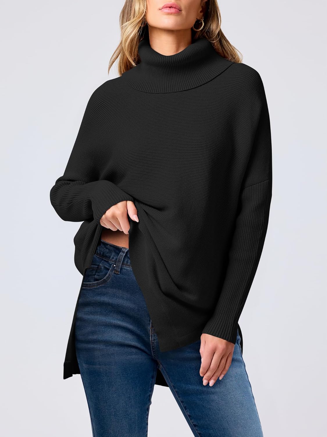 ANRABESS Women's Oversized Turtleneck Batwing Sleeve Spilt Casual Loose Knit Tunic Pullover Sweater Tops 2025 Fall Outfits