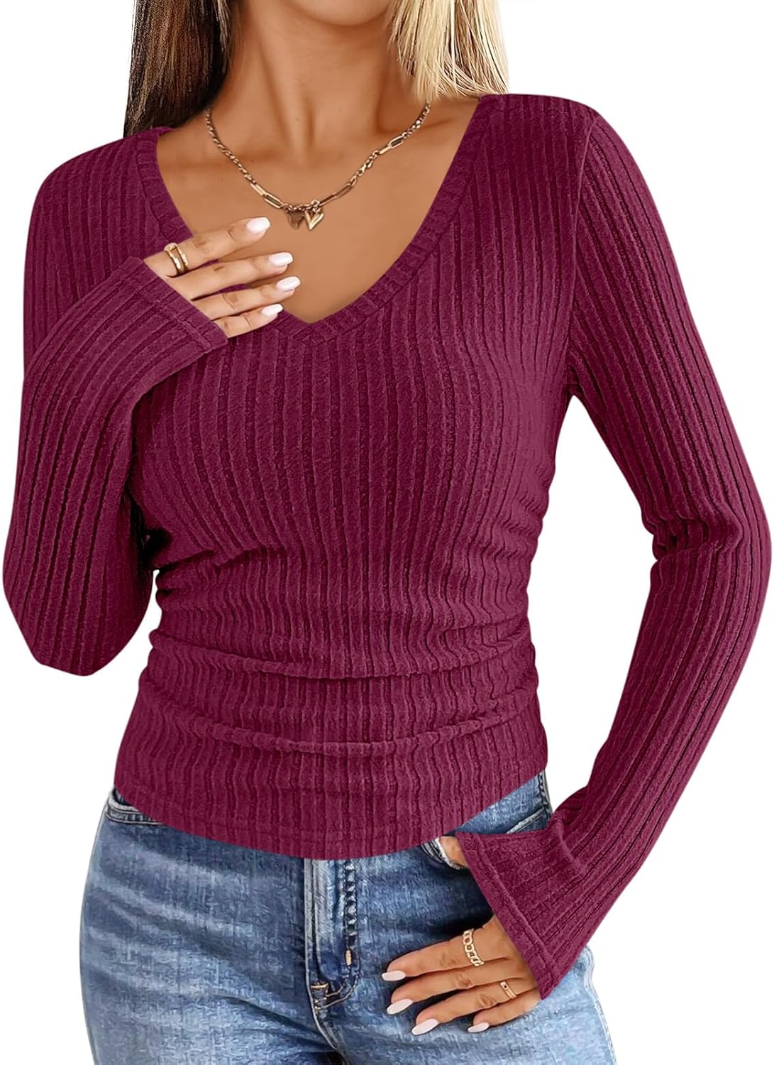 ANRABESS Womens Long Sleeve Shirts V Neck Ribbed Knit Slim Fit Lightweight Sweater 2025 Fall Dressy Casual Travel Work Tops