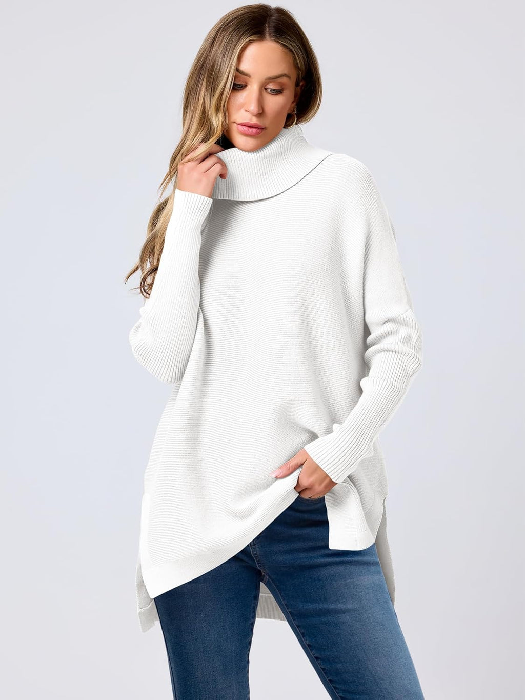 ANRABESS Women's Oversized Turtleneck Batwing Sleeve Spilt Casual Loose Knit Tunic Pullover Sweater Tops 2025 Fall Outfits