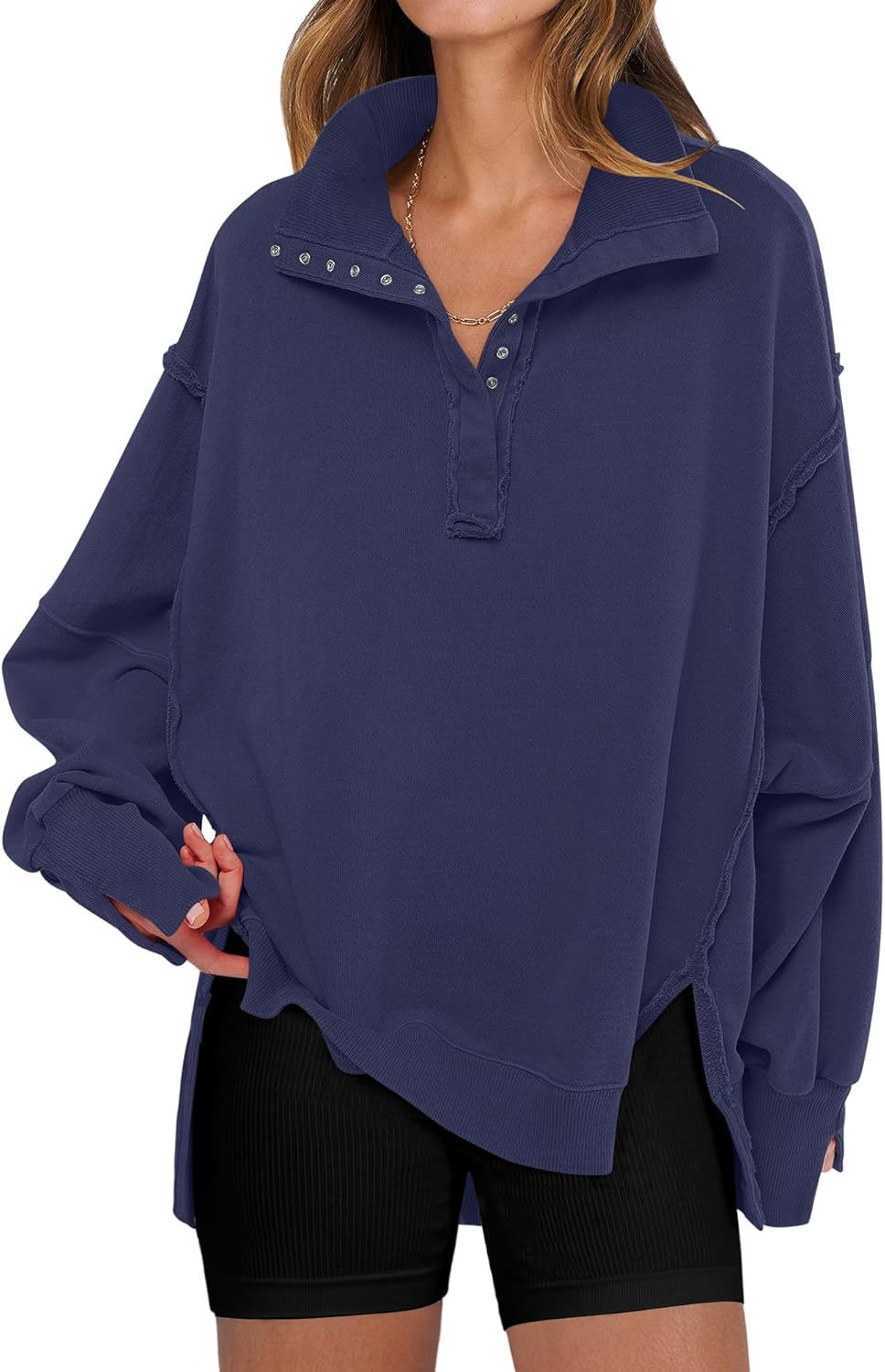 ANRABESS Women's Sweatshirts Oversized Casual Loose Button Up Henley Pullover Top High Low Split 2025 Fall Fashion Outfits