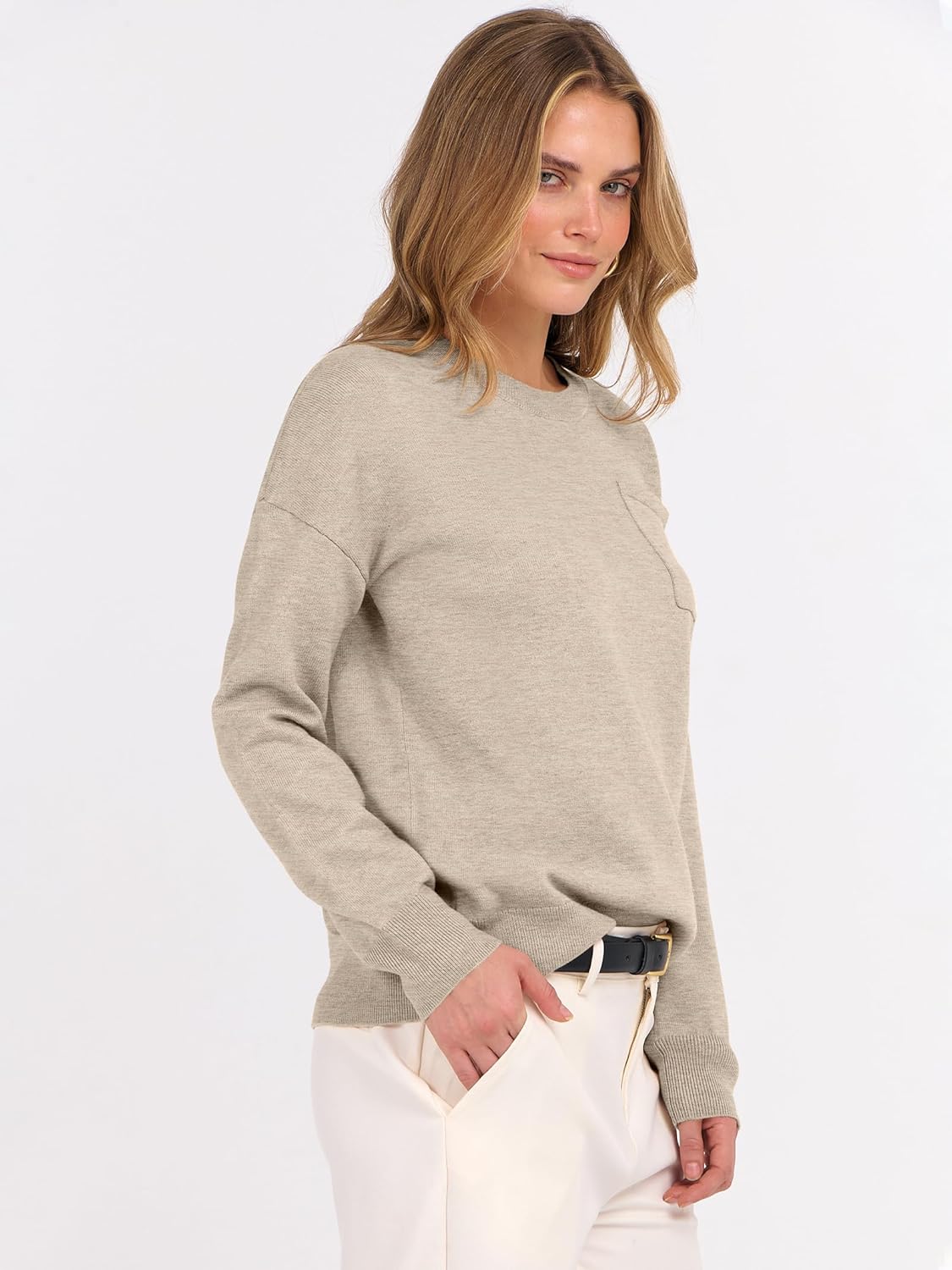 ANRABESS Oversized Sweaters for Women Casual Crewneck Knit Lightweight Chest Pocket Pullover Top 2025 Fall Travel Outfits