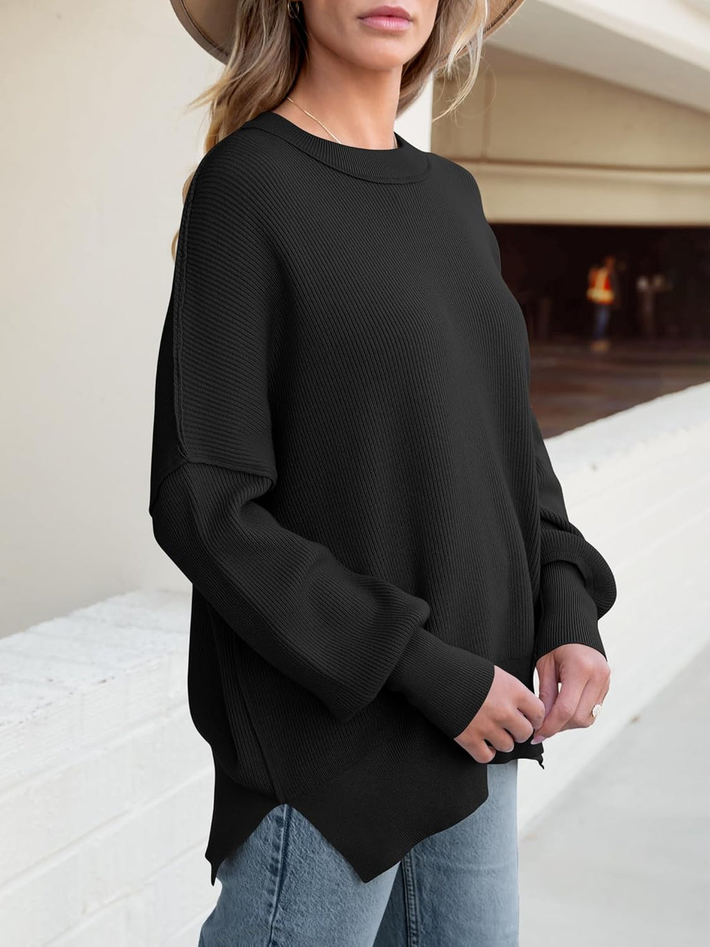 ANRABESS Women Oversized Sweaters Batwing Long Sleeve 2025 Fall Outfits Crewneck Casual Knit Side Slit Fashion Pullover Top