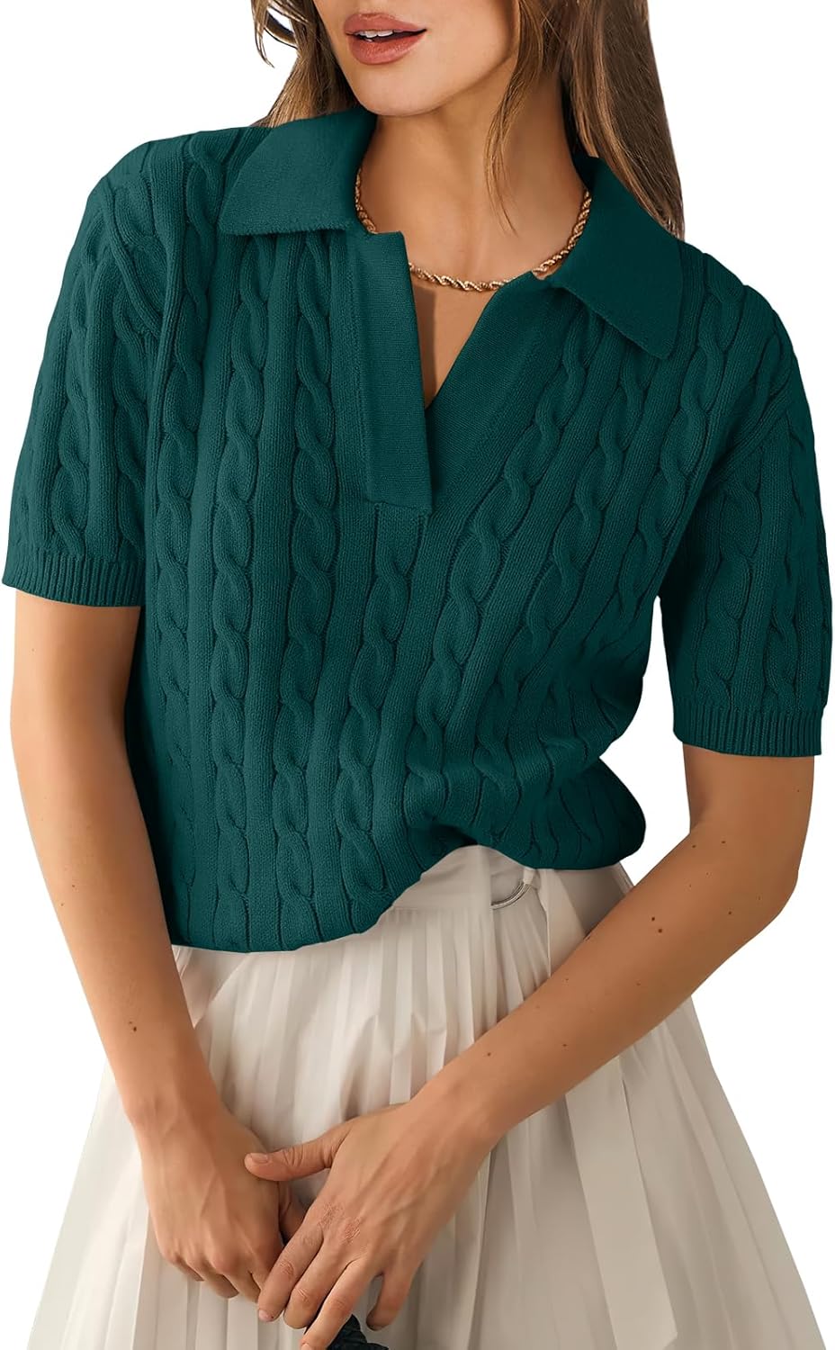 ANRABESS Women's Short Sleeve Sweaters Tops Polo V Neck Cable Knit Casual Soft Pullover Shirts 2025 Summer Outfits