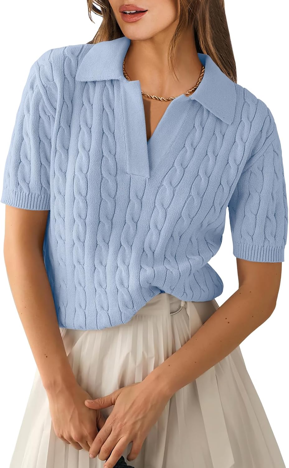 ANRABESS Women's Short Sleeve Sweaters Tops Polo V Neck Cable Knit Casual Soft Pullover Shirts 2025 Summer Outfits