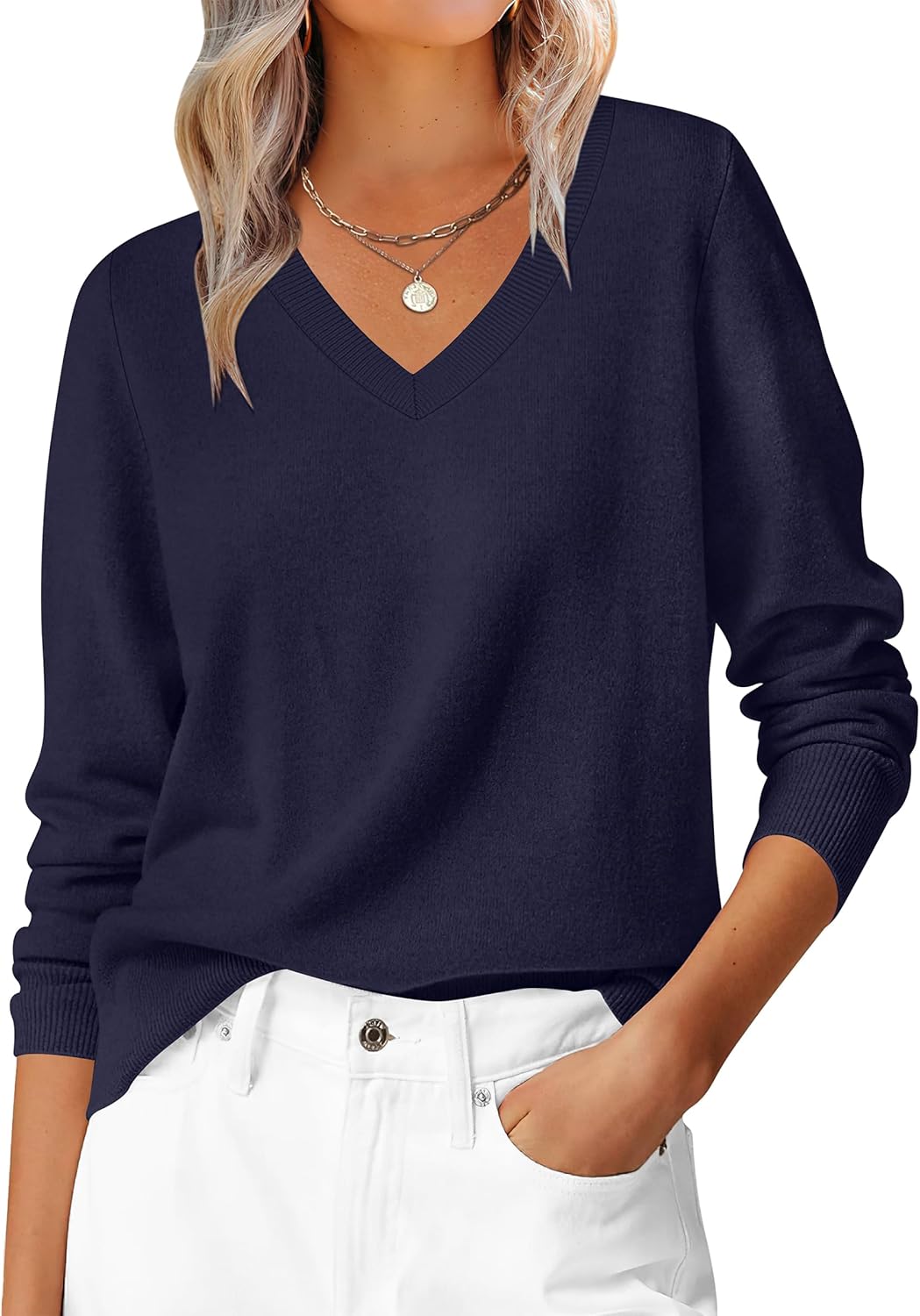 ANRABESS Womens Long Sleeve V Neck Sweaters 2025 Fall Casual Classic Soft Loose Fit Basic Pullover Jumper Top