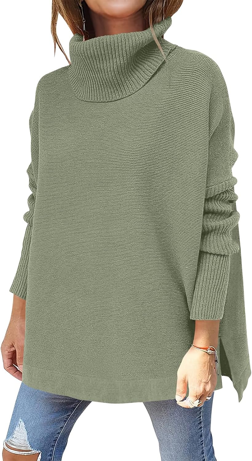 ANRABESS Women's Oversized Turtleneck Batwing Sleeve Spilt Casual Loose Knit Tunic Pullover Sweater Tops 2025 Fall Outfits