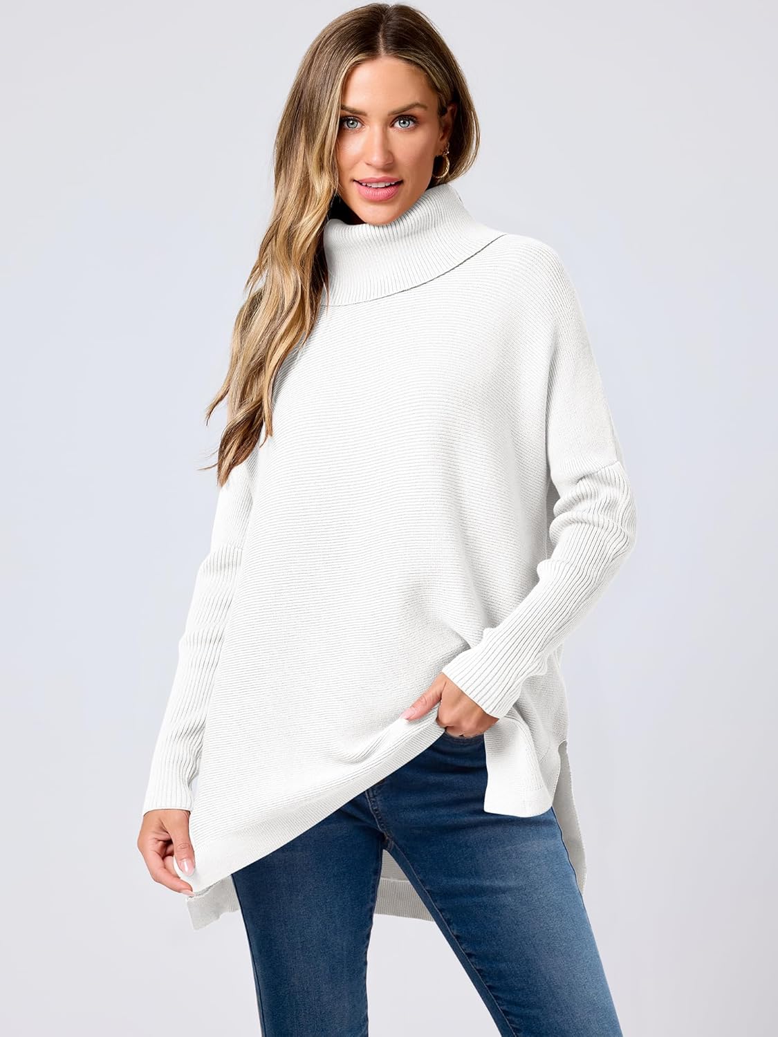 ANRABESS Women's Oversized Turtleneck Batwing Sleeve Spilt Casual Loose Knit Tunic Pullover Sweater Tops 2025 Fall Outfits