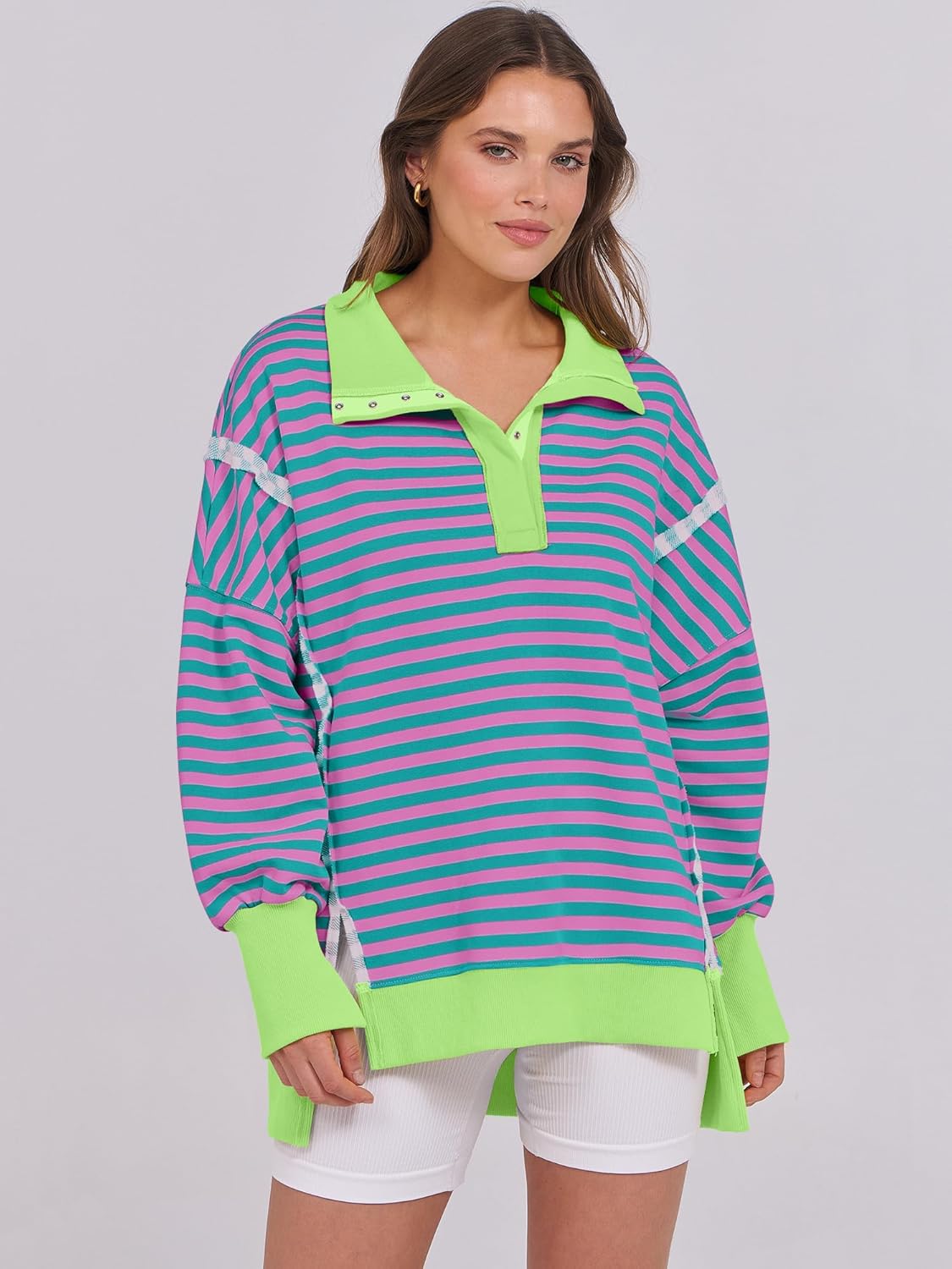 ANRABESS Women's Sweatshirts Oversized Casual Loose Button Up Henley Pullover Top High Low Split 2025 Fall Fashion Outfits