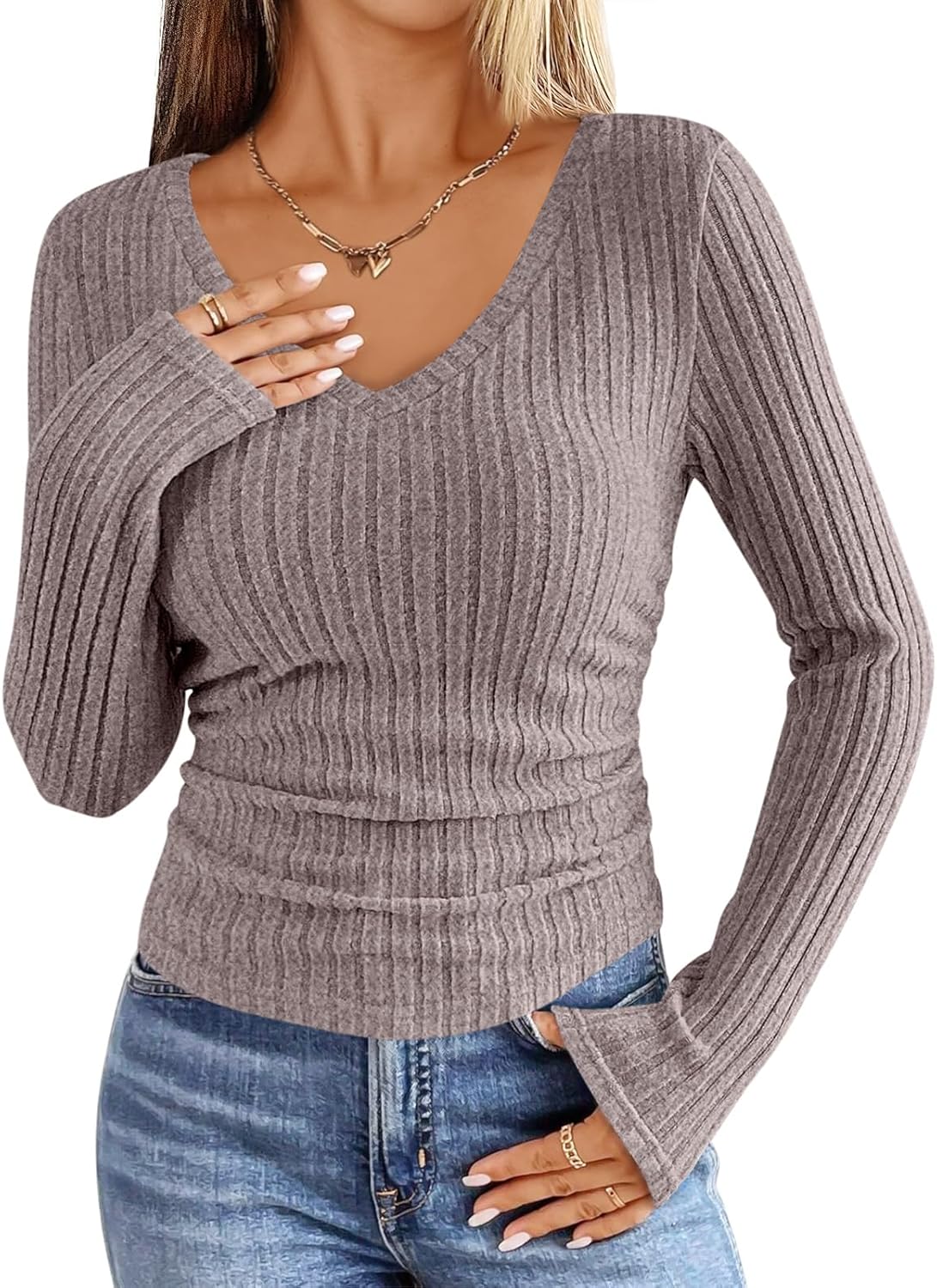 ANRABESS Womens Long Sleeve Shirts V Neck Ribbed Knit Slim Fit Lightweight Sweater 2025 Fall Dressy Casual Travel Work Tops