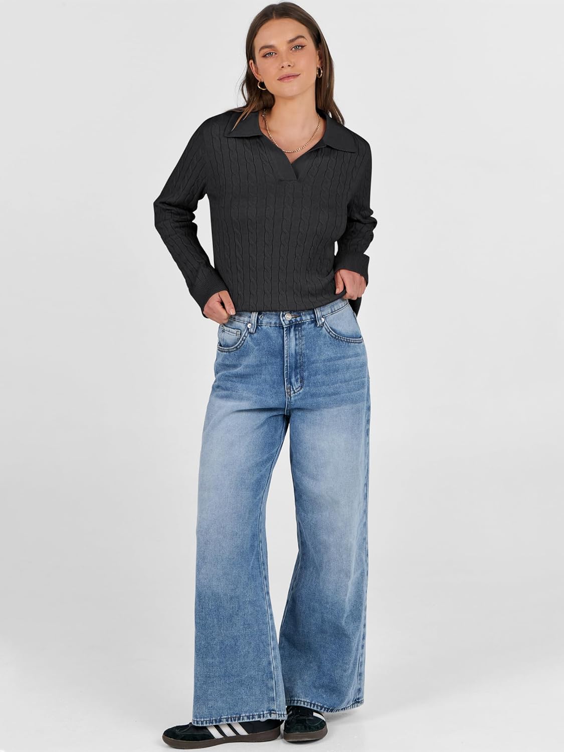 ANRABESS Womens Cable Knit Sweaters Long Sleeve V Neck Sweater Tops Casual Pullover Polo Shirts 2025 Fall Fashion Outfits