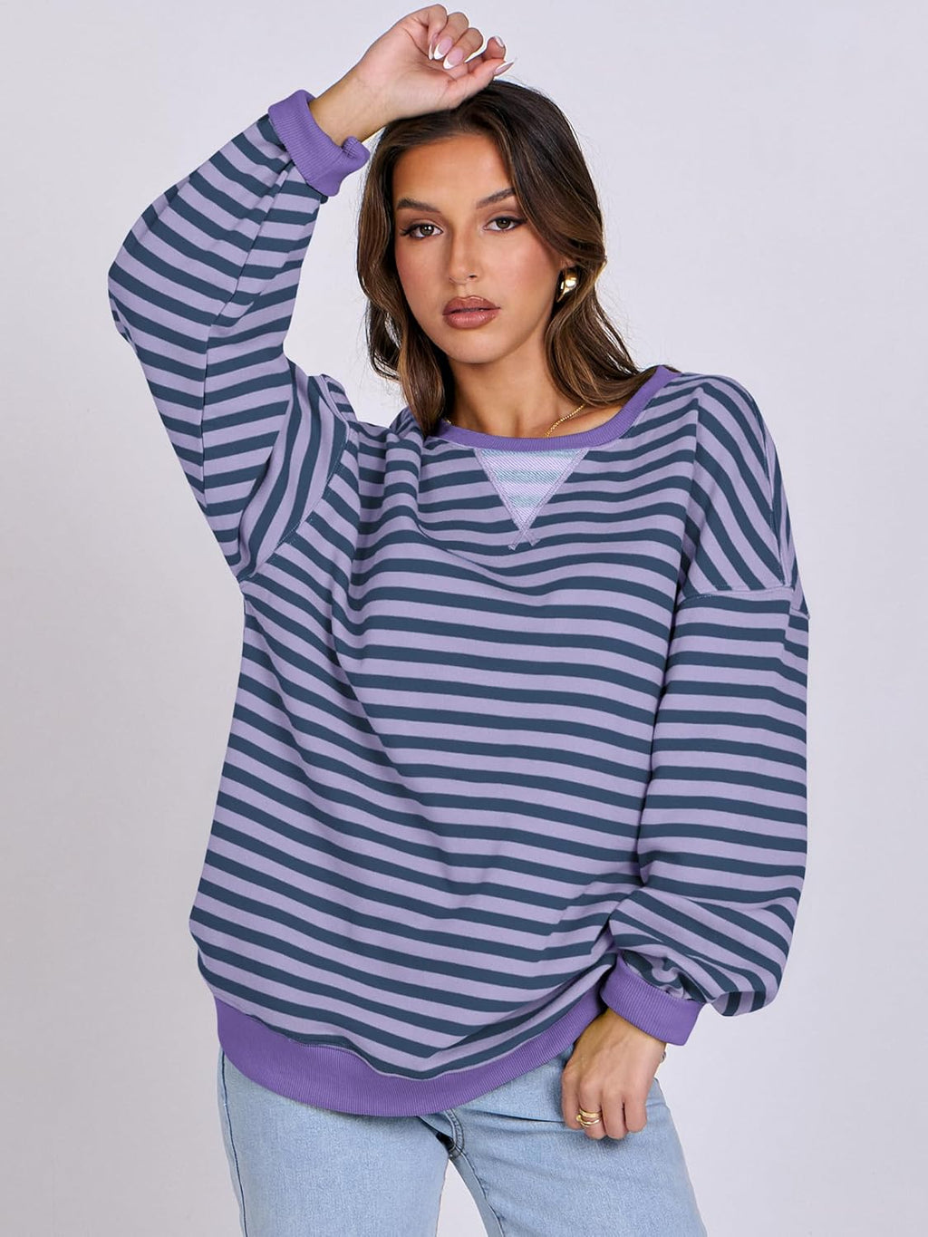 ANRABESS Women Striped Sweatshirts Oversized Crewneck Long Sleeve Shirts Y2K Pullover Top 2025 Fall Outfits Fashion Clothes
