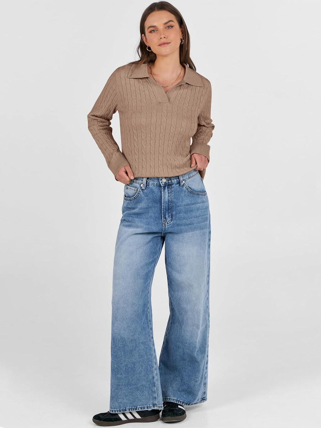 ANRABESS Womens Cable Knit Sweaters Long Sleeve V Neck Sweater Tops Casual Pullover Polo Shirts 2025 Fall Fashion Outfits