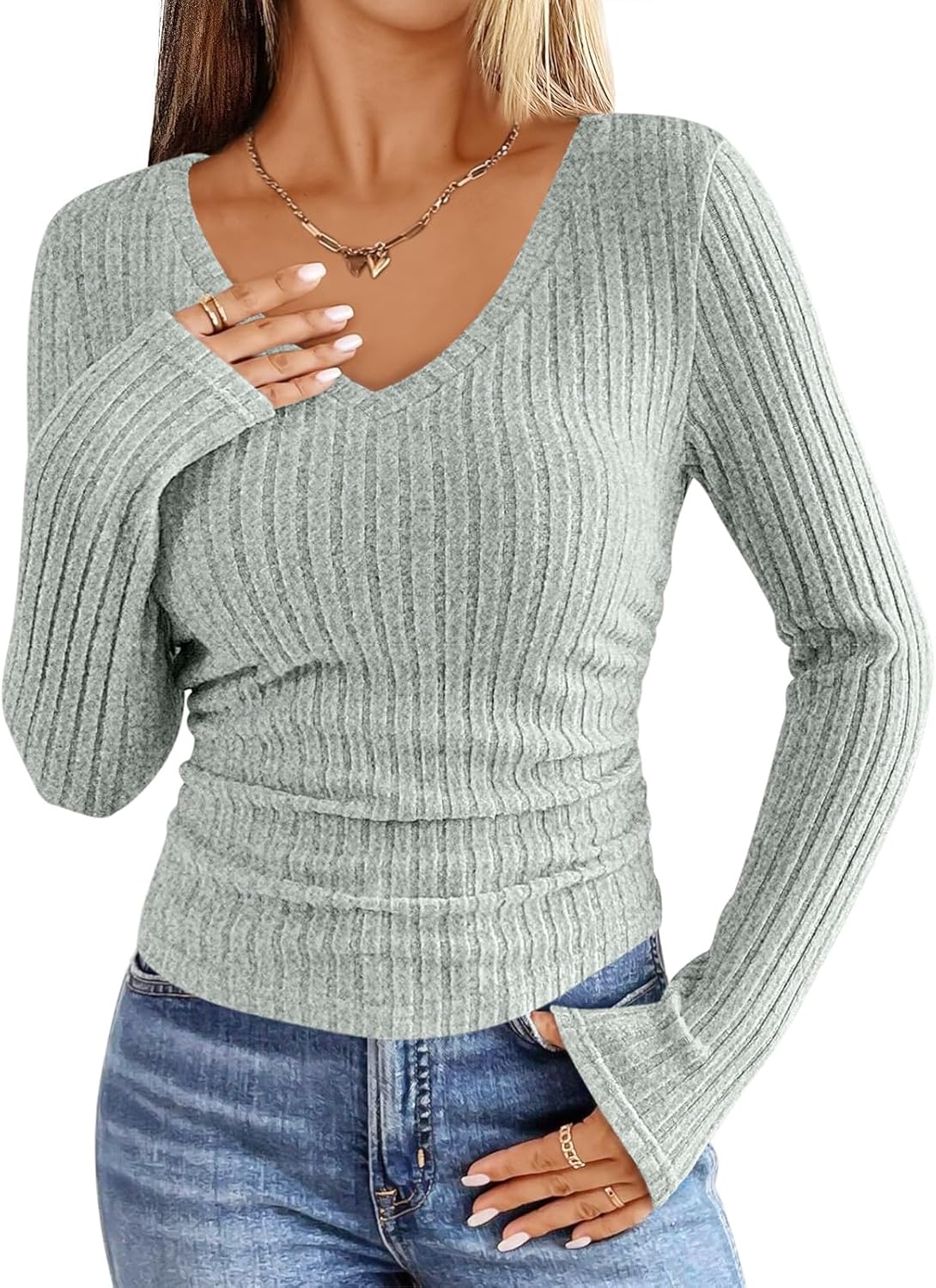 ANRABESS Womens Long Sleeve Shirts V Neck Ribbed Knit Slim Fit Lightweight Sweater 2025 Fall Dressy Casual Travel Work Tops