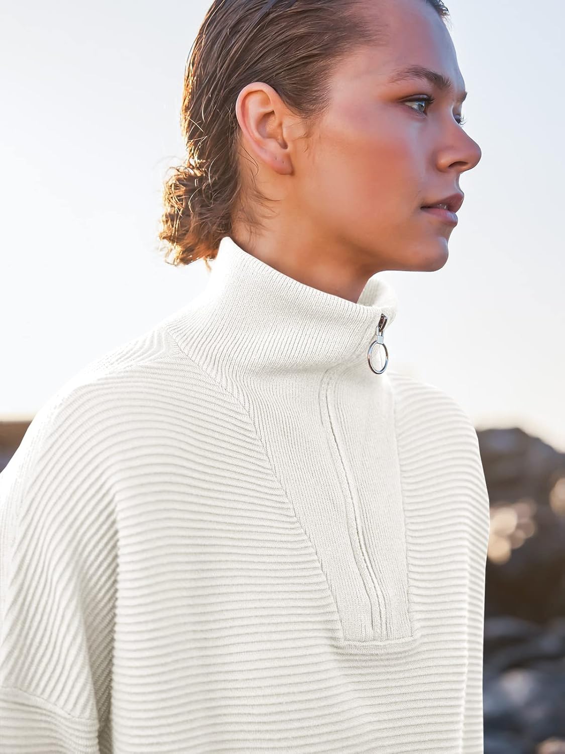 ANRABESS Women Quarter Zip Oversized Casual Loose Rib Knit Cozy Pullover Sweaters Top 2025 Fall Fashion Outfits Clothes