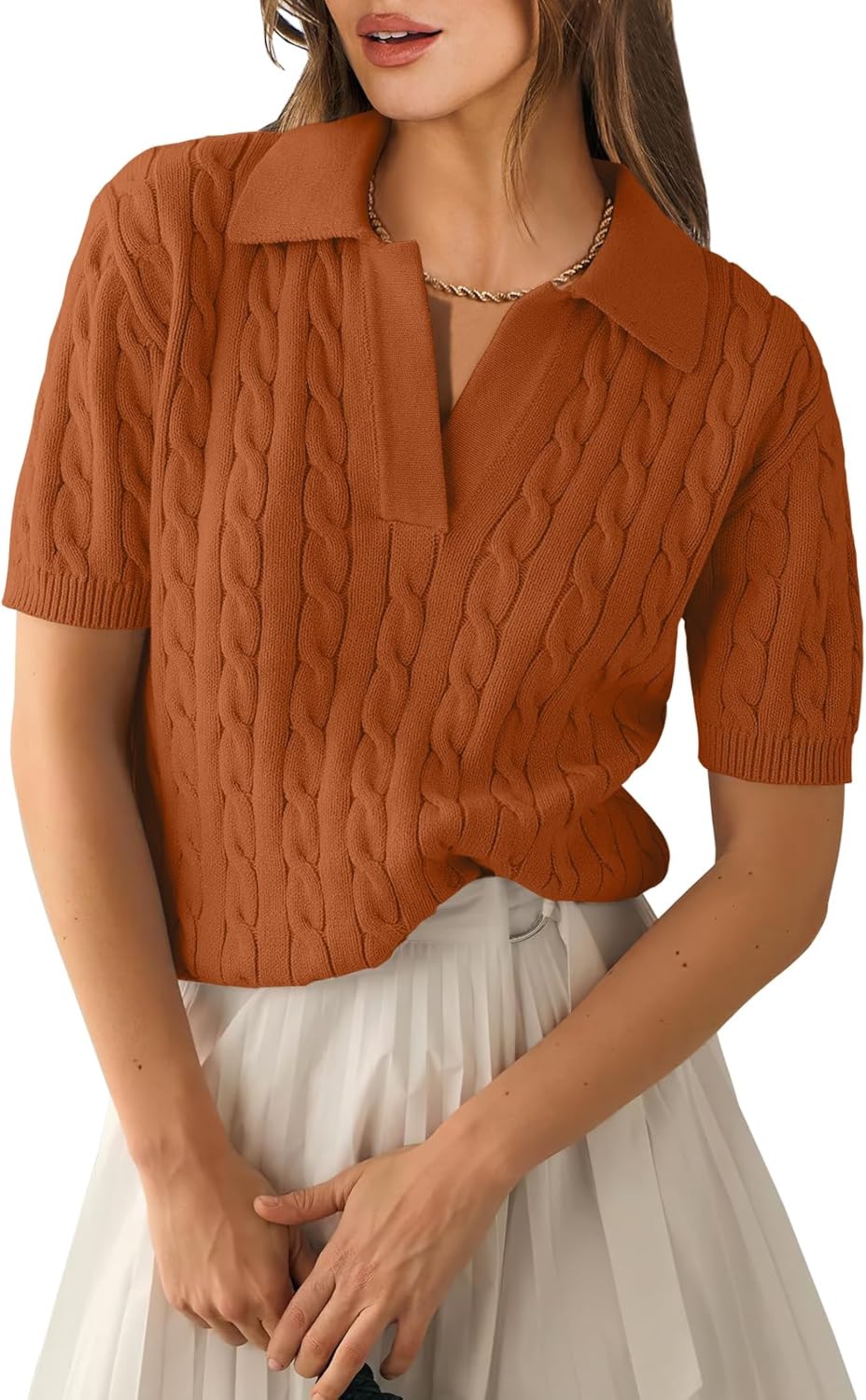 ANRABESS Women's Short Sleeve Sweaters Tops Polo V Neck Cable Knit Casual Soft Pullover Shirts 2025 Summer Outfits