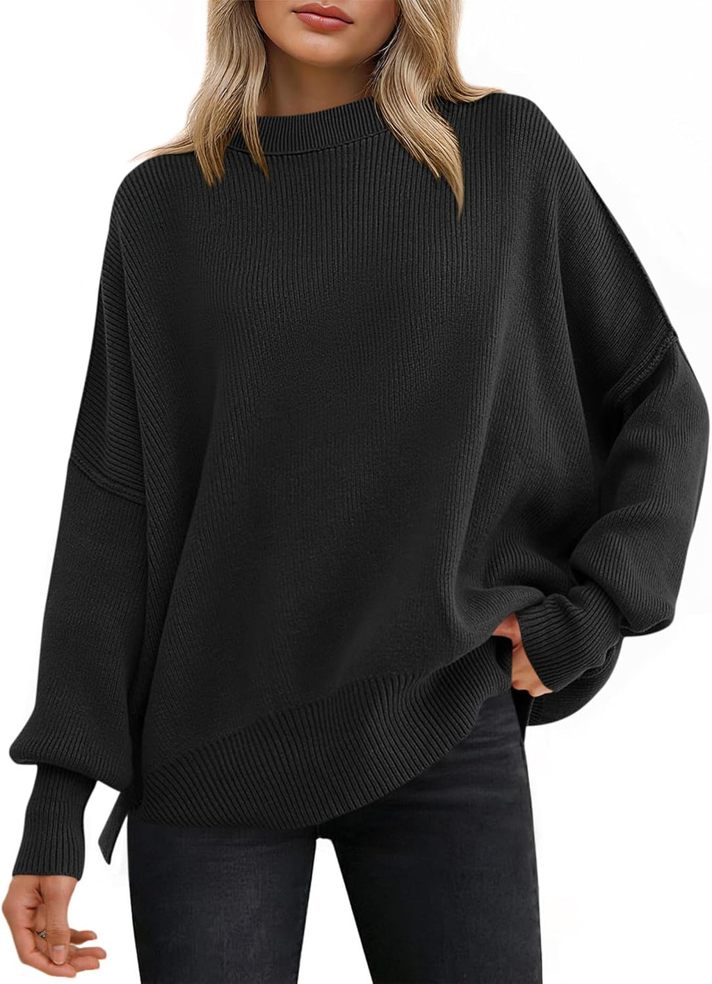 ANRABESS Women Oversized Sweaters Batwing Long Sleeve 2025 Fall Outfits Crewneck Casual Knit Side Slit Fashion Pullover Top