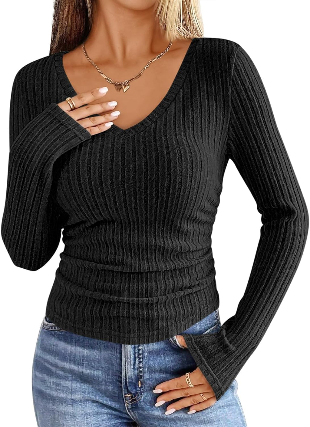 ANRABESS Womens Long Sleeve Shirts V Neck Ribbed Knit Slim Fit Lightweight Sweater 2025 Fall Dressy Casual Travel Work Tops