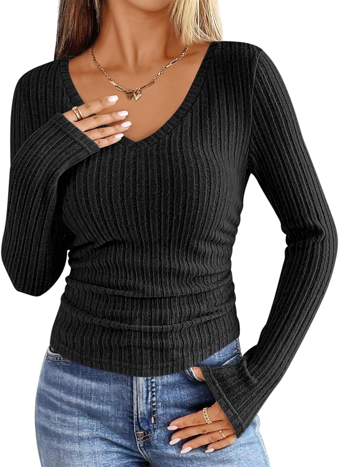 ANRABESS Womens Long Sleeve Shirts V Neck Ribbed Knit Slim Fit Lightweight Sweater 2025 Fall Dressy Casual Travel Work Tops