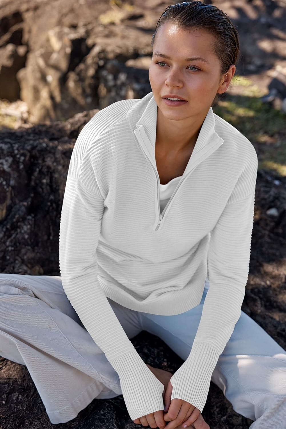 ANRABESS Womens Long Sleeve Quarter Zip Pullover Sweater Casual Loose V Neck Collared Ribbed Knit Jumper Tops Thumb Hole