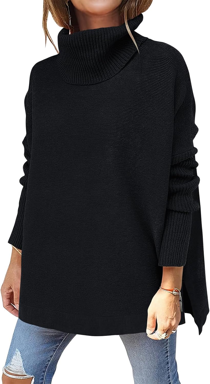 ANRABESS Women's Oversized Turtleneck Batwing Sleeve Spilt Casual Loose Knit Tunic Pullover Sweater Tops 2025 Fall Outfits