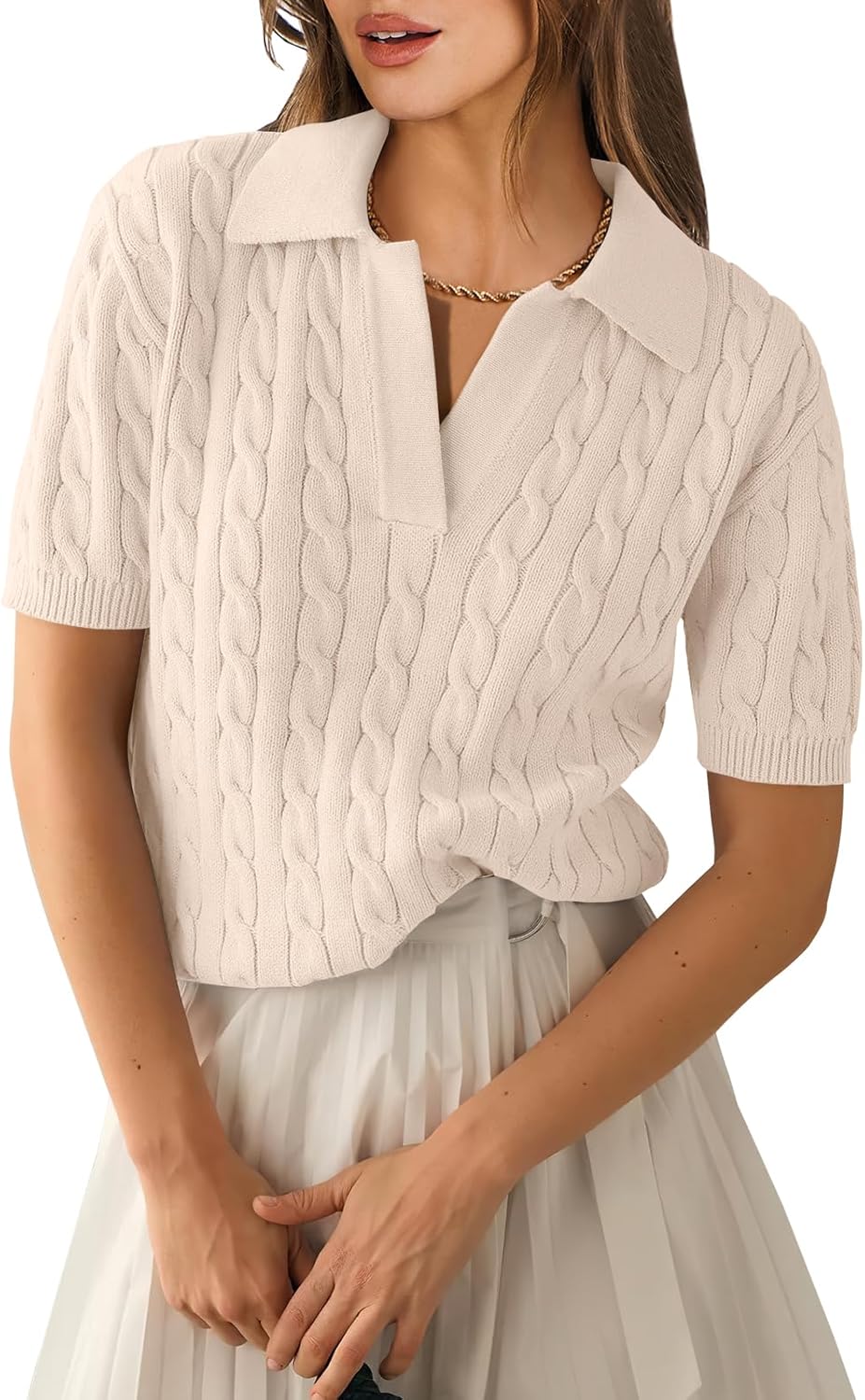 ANRABESS Women's Short Sleeve Sweaters Tops Polo V Neck Cable Knit Casual Soft Pullover Shirts 2025 Summer Outfits