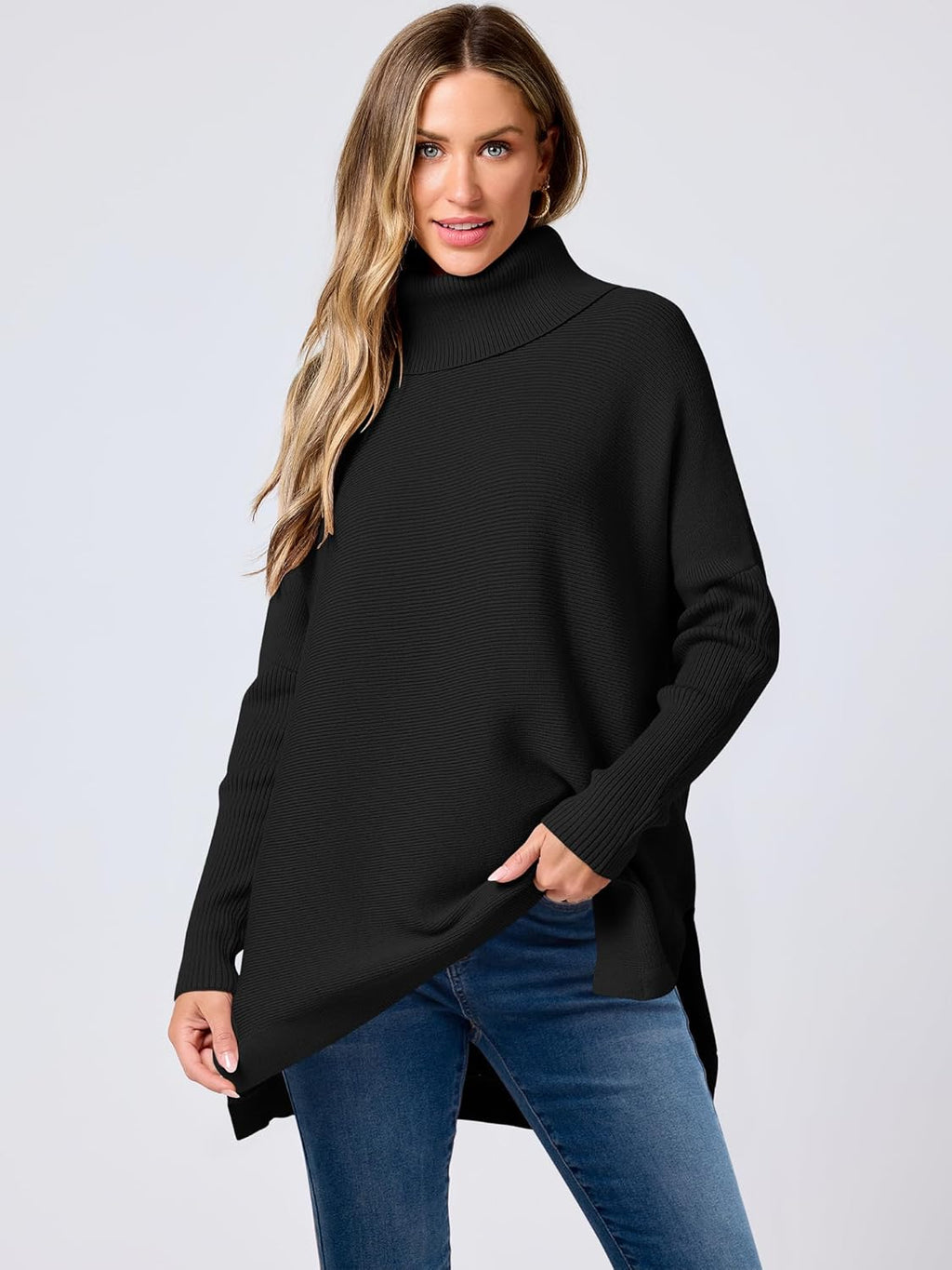 ANRABESS Women's Oversized Turtleneck Batwing Sleeve Spilt Casual Loose Knit Tunic Pullover Sweater Tops 2025 Fall Outfits