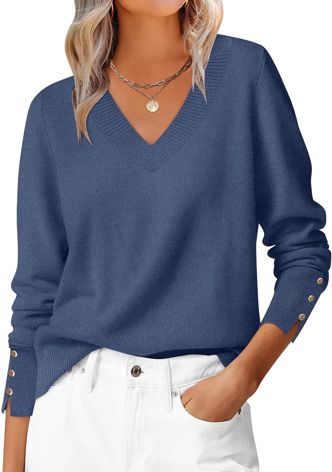 ANRABESS Sweaters for Women Long Sleeve V Neck Shirts Business Casual Work Blouses 2025 Fall Loose Knit Pullover Sweater Tops