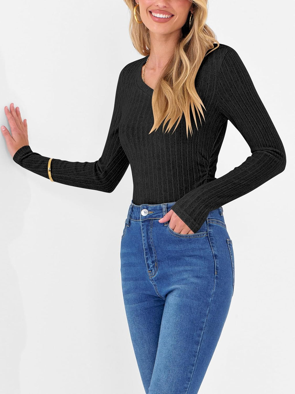 ANRABESS Womens Long Sleeve Shirts V Neck Ribbed Knit Slim Fit Lightweight Sweater 2025 Fall Dressy Casual Travel Work Tops