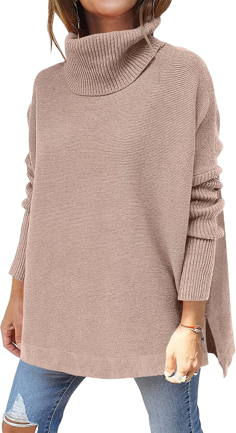 ANRABESS Women's Oversized Turtleneck Batwing Sleeve Spilt Casual Loose Knit Tunic Pullover Sweater Tops 2025 Fall Outfits
