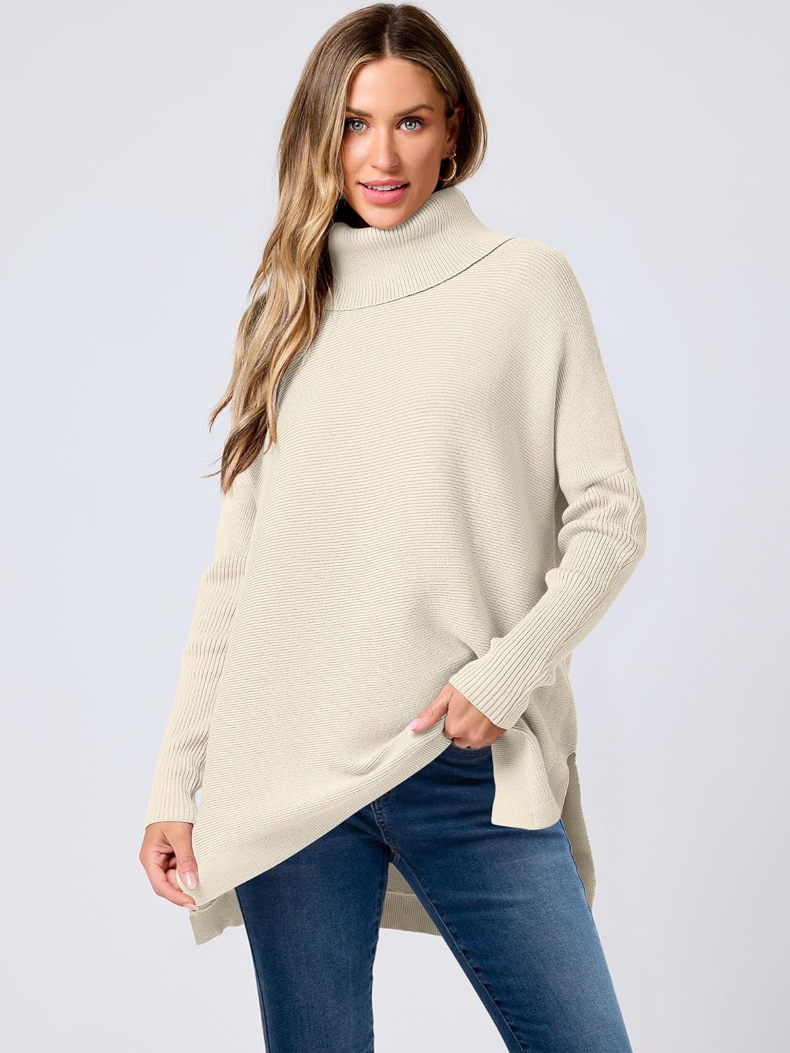 ANRABESS Women's Oversized Turtleneck Batwing Sleeve Spilt Casual Loose Knit Tunic Pullover Sweater Tops 2025 Fall Outfits