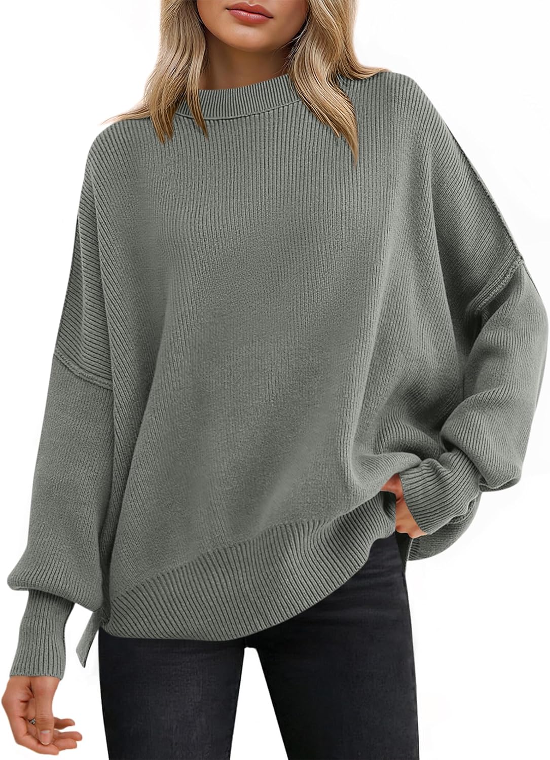 ANRABESS Women Oversized Sweaters Batwing Long Sleeve 2025 Fall Outfits Crewneck Casual Knit Side Slit Fashion Pullover Top