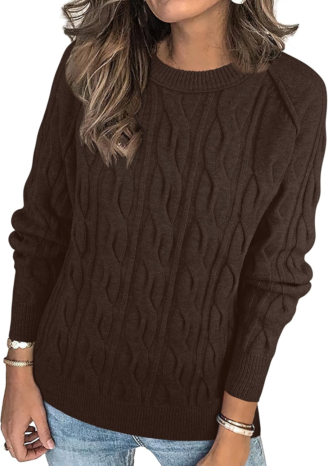 ANRABESS Sweaters for Women Long Sleeve Crewneck Cable Knit Casual Loose Pullover Tops 2025 Trendy Fall Vintage Outfits