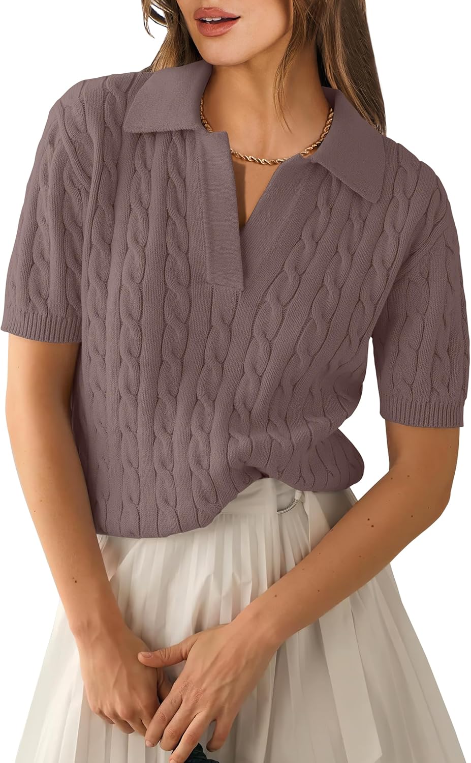 ANRABESS Women's Short Sleeve Sweaters Tops Polo V Neck Cable Knit Casual Soft Pullover Shirts 2025 Summer Outfits