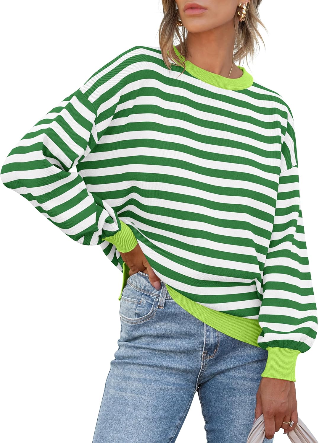 ANRABESS Womens Oversized Striped Sweaters Long Sleeve Crewneck Casual Side Slit Pullover Tops 2025 Fall Trendy Outfits