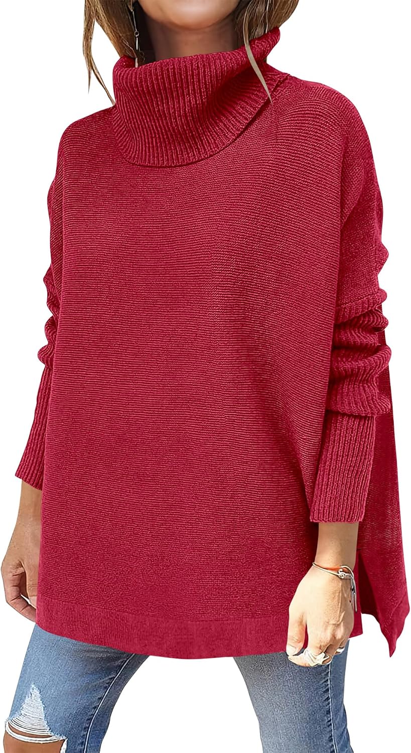 ANRABESS Women's Oversized Turtleneck Batwing Sleeve Spilt Casual Loose Knit Tunic Pullover Sweater Tops 2025 Fall Outfits