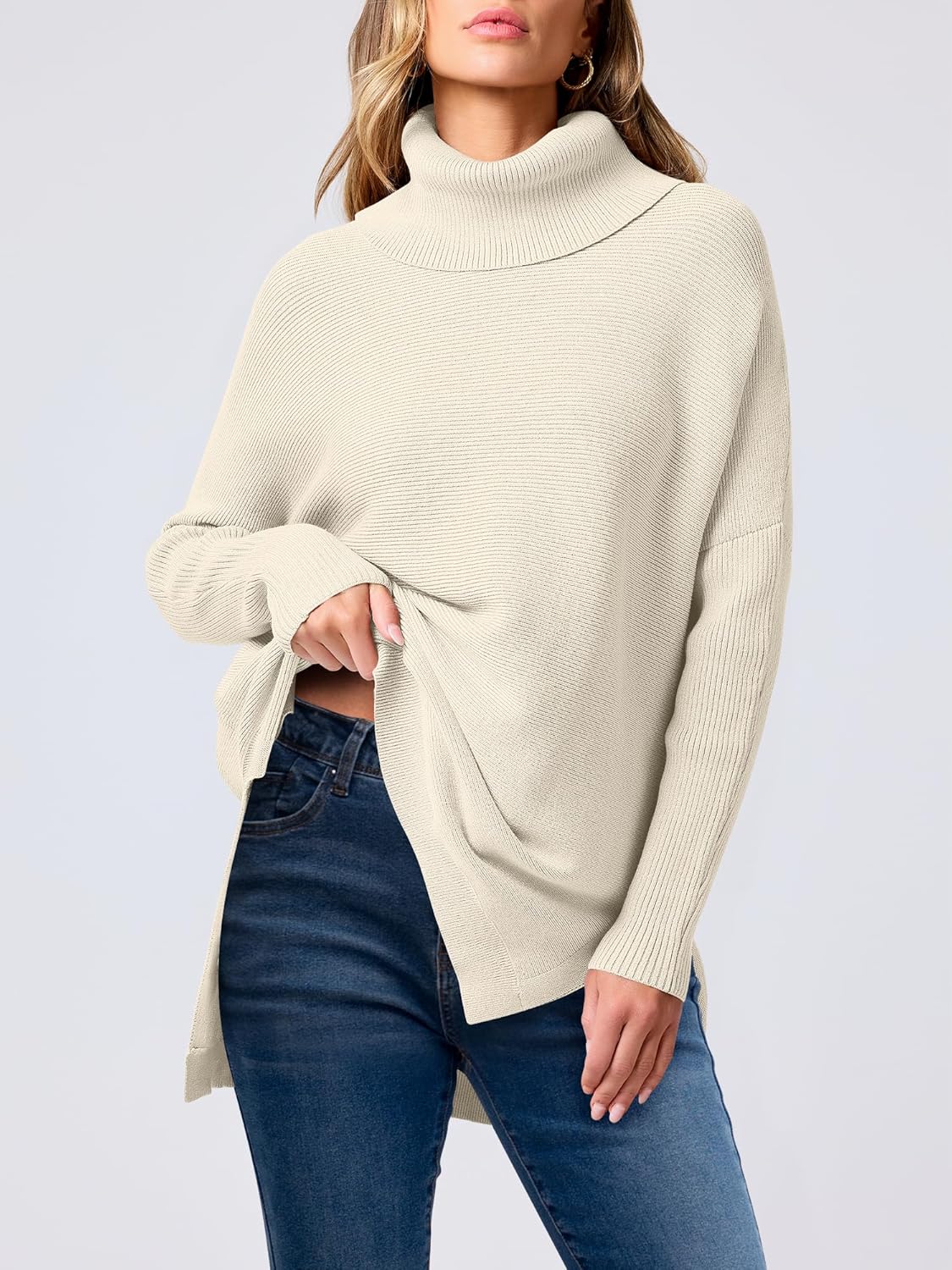 ANRABESS Women's Oversized Turtleneck Batwing Sleeve Spilt Casual Loose Knit Tunic Pullover Sweater Tops 2025 Fall Outfits