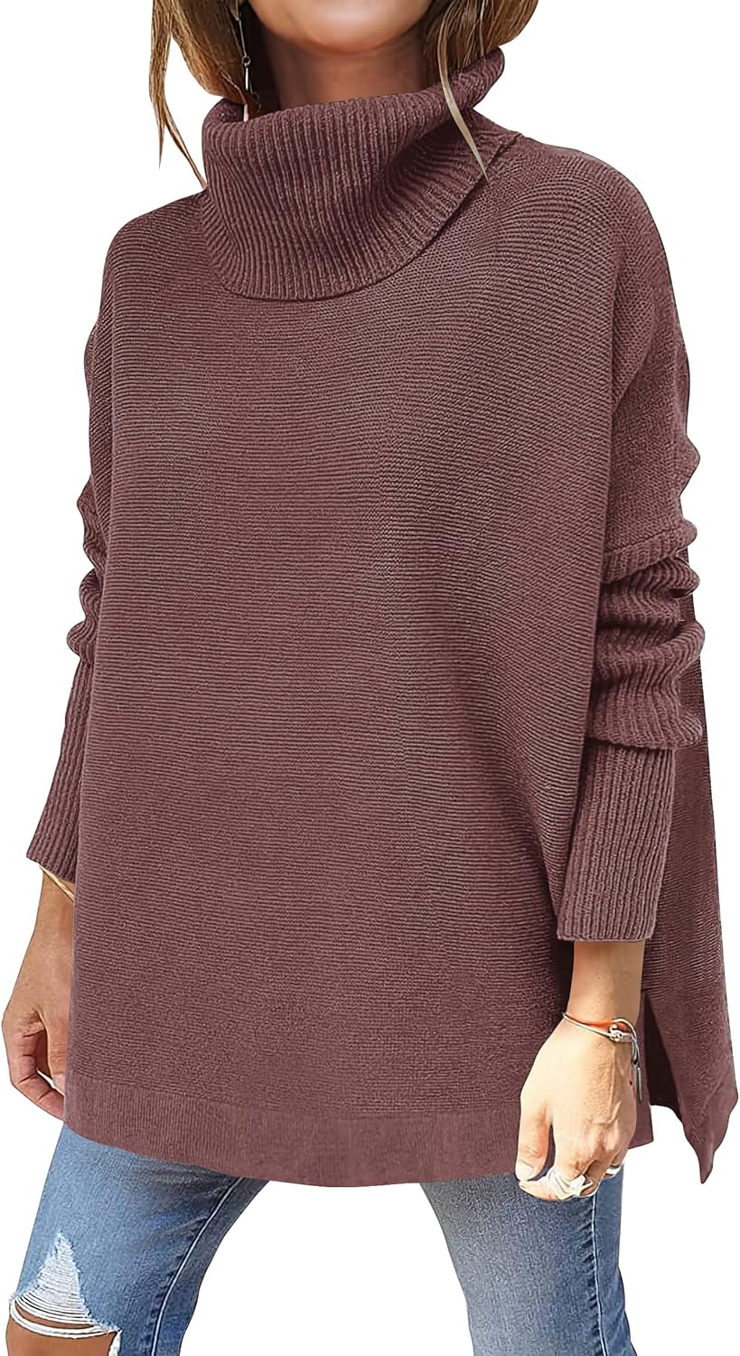 ANRABESS Women's Oversized Turtleneck Batwing Sleeve Spilt Casual Loose Knit Tunic Pullover Sweater Tops 2025 Fall Outfits