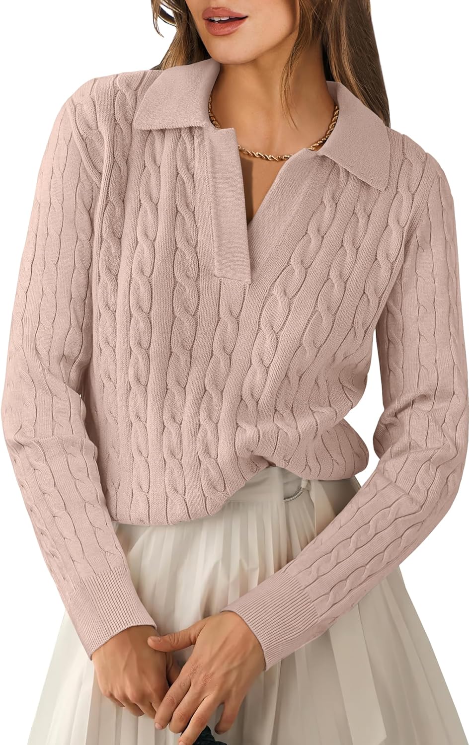 ANRABESS Womens Cable Knit Sweaters Long Sleeve V Neck Sweater Tops Casual Pullover Polo Shirts 2025 Fall Fashion Outfits