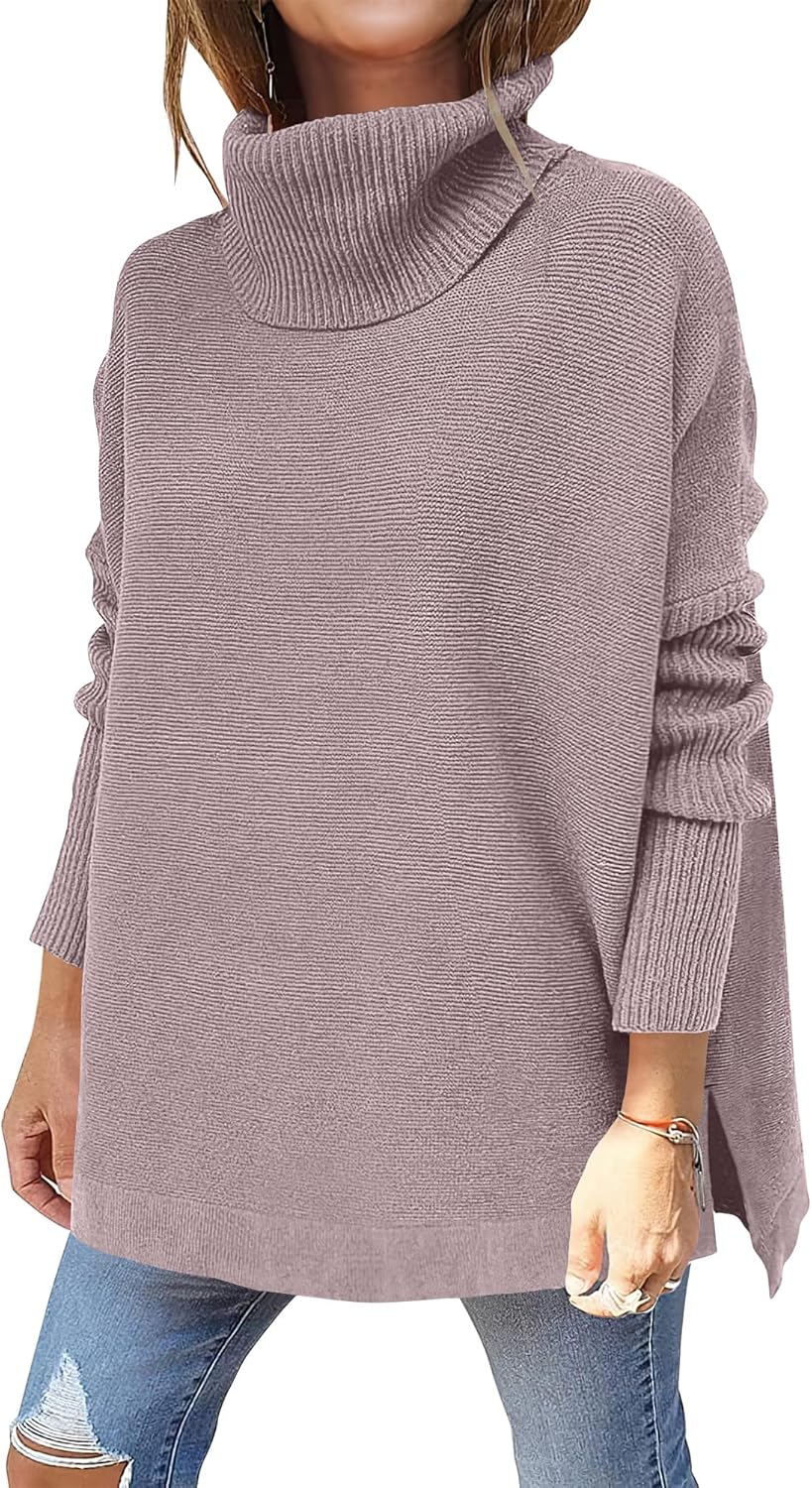 ANRABESS Women's Oversized Turtleneck Batwing Sleeve Spilt Casual Loose Knit Tunic Pullover Sweater Tops 2025 Fall Outfits